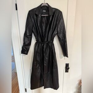 Zara Black Faux Leather Trench Coat with Tie Belt